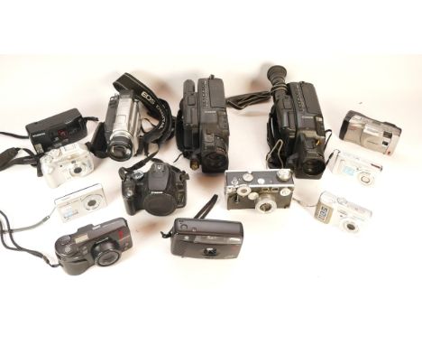 A collection of cameras and camera accessories, to include, Canon EOS 350D, Olympus C-830L, and Samsung D75. (1 box)