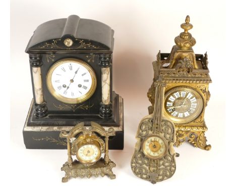Four clocks, to include, a Victorian Slate clock, H-30cm, a gilt mantel clock with individual porcelain tiles featuring Roman