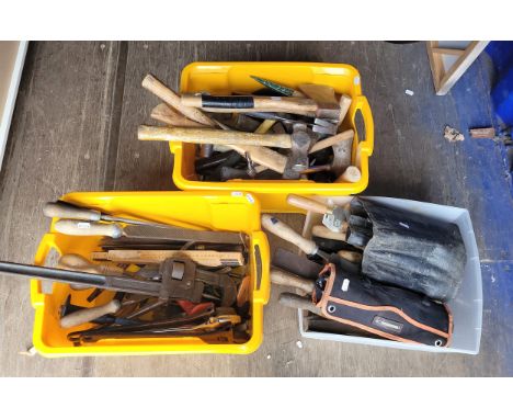 A collection of carpentry tools to include chisels, files, hammers, axes, mallets, masonry chisels, auger drill bits, rulers,