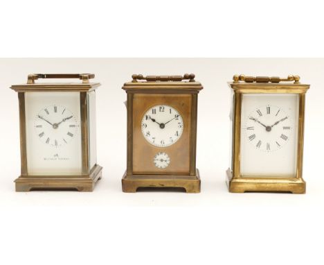 Three mid to late 20th century brass carriage clocks, housing eight day movements, to include, a Matthew Norman example, H-11