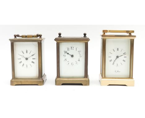 Three mid to late 20th century brass carriage clocks, housing eight day movements, to include, a St James example, H-11.5cm, 