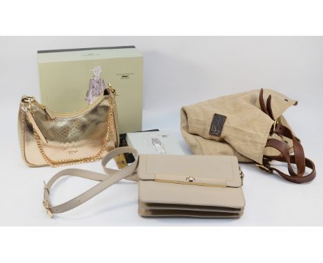 Paul Costello. A boxed gold snake skin effect leather handbag in a Paul Costello box, with a matching purse in a box. Neither