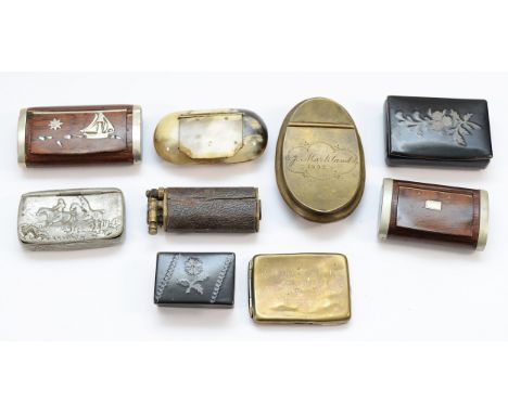 Eight snuff boxes, to include, brass examples, together with a lift arm lighter. (9)