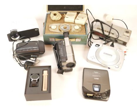 A Sony Handycam CCD-TR427E, together with, a G Marconi radiom and a Bush alarm clock radio, and other related items. (1 box)
