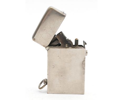A 1950s D.R.G.M. (Germany) pocket cigarette lighter, petrol operated, nickel plated having semi automatic mechanism.
