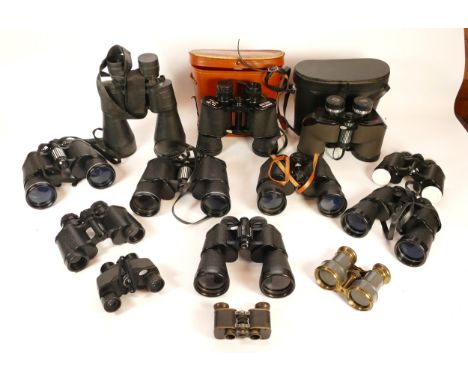 A collection of binoculars, to include, Palar 16 x 50, Zenith 10 x 50, and Swift Focus 10 x 50. (1 box)