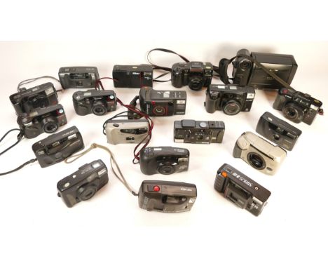 A collection of cameras and camera accessories, to include, Minolta Zoom 160C, Minolta Vetis S-1, and Olympus Super Zoom 3000