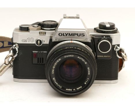 An Olympus OM10 film camera, with a Zuiko f/1.8 50mm lens.