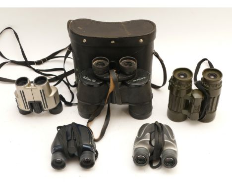 A collection of binoculars, to include, Binox 8 x 30, Tento 8 x 40, and Minolta Activa 10 x 25. (1 box)