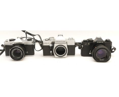 A collection of cameras and lenses, to include, a Fujica ST605N with Carl Zeiss Jena f/2.8 50mm lens, Cosina CT-1 with Cosino