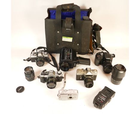A collection of cameras and camera accessories, to include, a Sony DSLR-A100, Zenit E, and Canon Powershot S30. (1 box)