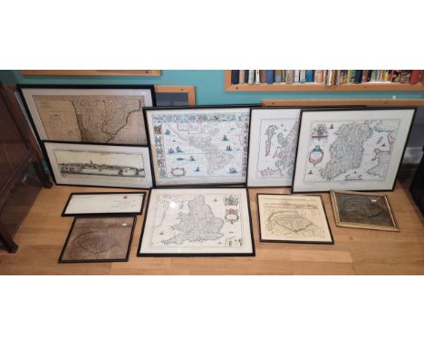 A collection of 20th century prints including a printed map of England 48.5cm x 60cm, a printed map of Ireland 51cm x 62cm, a