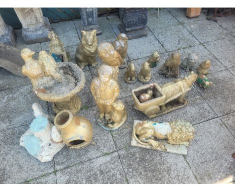 A collection of painted composition stone and moulded plastic garden ornaments, to include horse &amp; cart planters, bird ba