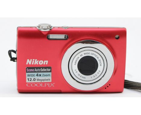 A Nikon Coolpix S2500 digital camera, in red.