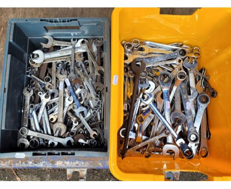 A collection of open spanners, ring spanners and ratchet spanners all of various sizes to include makes by Silverline, SK, Be