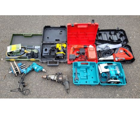 A collection of power tools to include a boxed Hilti SB12 12V battery drill with charger and battery, a Hand Tools Sheffield 