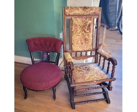A stained beech framed American rocking chair, having ring turn bobbin design with gold patten dralon upholstery on rocker fr