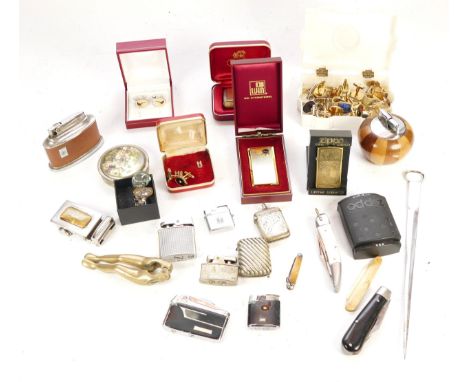 Collectibles to include a selection of cuff links, pocket pen knives, a Gucci belt buckle, pocket cigarette lighters to inclu