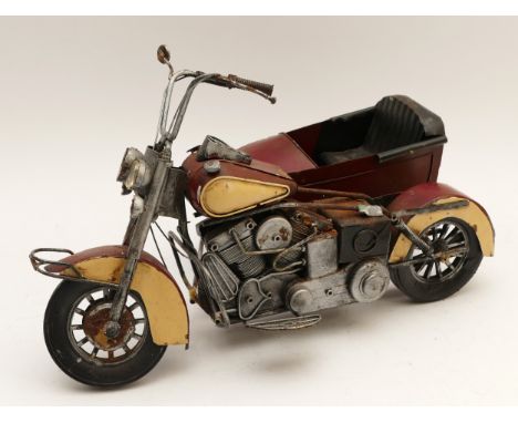 A contemporary handcrafted model of a Harley Davidson motorcycle with sidecar, two tone colourway, made from steel and tinpla