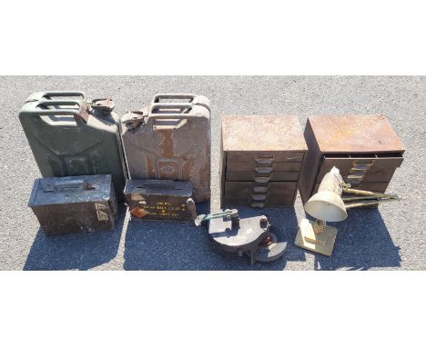 Two metal component drawers, with six compartments, two military five gallon fuel cans, two ammunition boxes, a hand grinder,