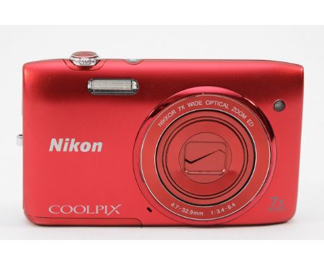 A Nikon Coolpix S3400 digital camera, in red.