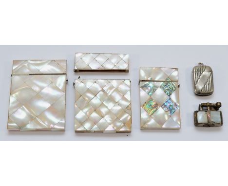 Three calling card cases, decorated in Mother of Pearl, together with a lighter and a vesta case. (5)