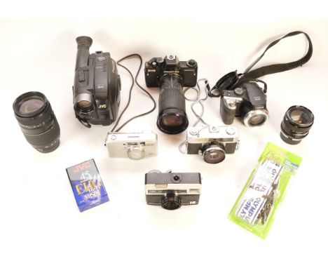 A collection of cameras and camera accessories, to include, a Fujifilm Finepix S8000FD, a JVC video camera, model no. GR-AX28