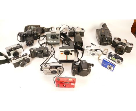 A collection of cameras and camera accessories, to include, a Canon EOS 350D, a Ricoh 35 FM, and a Praktica Super TL. (1 box)