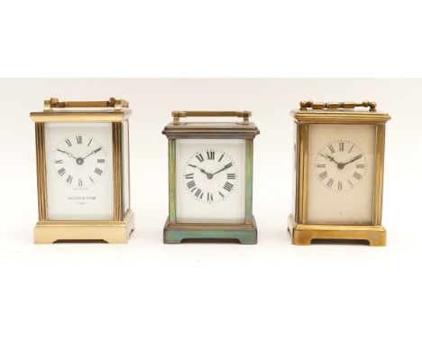Three mid to late 20th century brass carriage clocks, housing eight day movements, to include, a Mappin &amp; Webb example, H