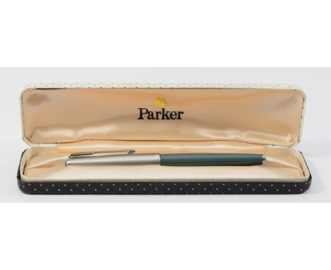 Parker, fountain pen, squeeze action filled, in grey with chrome cap, complete with fitted case together with a Parker '61' f
