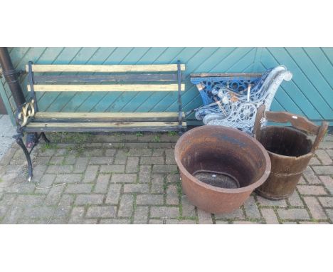 Three pairs of cast metal bench/seat ends, together with a garden seat, a wooden pail bucket and a cast iron cauldron, 54cm d