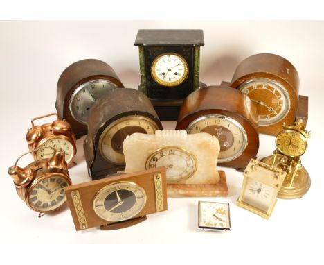A collection of mid twentieth-century and later mantel and carriage clocks, to include, Smiths, Bentima, and Seiko. (2 boxes)