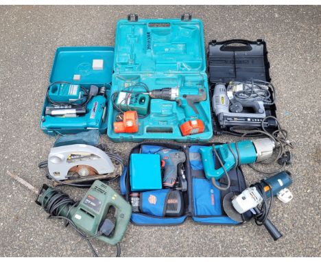 A collection of power tools to include a Makita 6300 240v 650w drill, a boxed Bosch GSR 10 8v battery screwdriver with batter