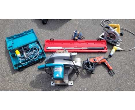 A collection of power tools to include a Makita 2400B 240v 1350w mitre saw, a Hilti TE2 110v 650w drill, a DeWalt D23550-LX 1