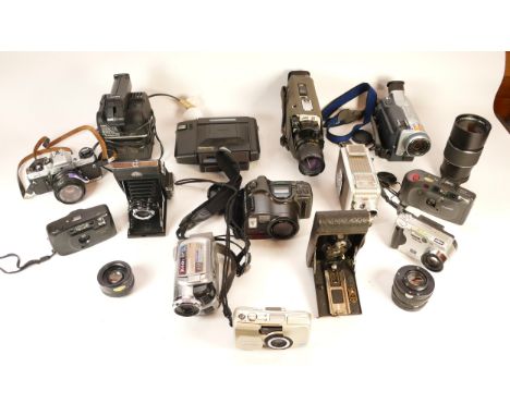 A collection of cameras and camera accessories, to include, a Praktica BCX, a Pentax Optio230, and a Canon Sureshot Ace. (1 b
