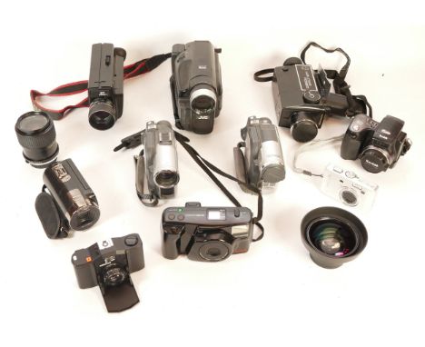 A collection of cameras and camera accessories, to include, Olympus AZ-230, Kodak Easyshare DX7590, and JVC Camcorder GR-FXM1