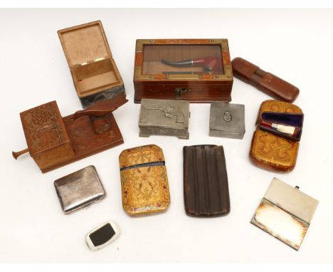 A collection of smokerama collectables, to include leather and lacquered cigar cases, plated cigarette boxes, a cased cheroot