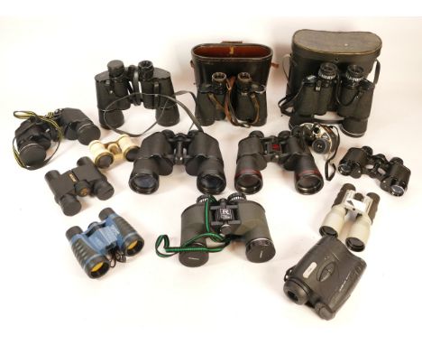 A collection of binoculars, to include, Zenith 10 x 50, Leitz Wetzlar 10 x 40, and Tasco 10 x 50. (1 box)