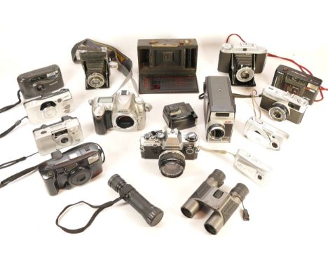 A collection of cameras and camera accessories, to include, Olympus OM10, Nikon D50, and Pentax IQ Zoom 90 MC. (1 box)