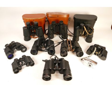 A collection of binoculars, to include, Zenith 10 x 50, March Scheffell 20 x 50, and Carl Veitch 20 x 50. (1 box)