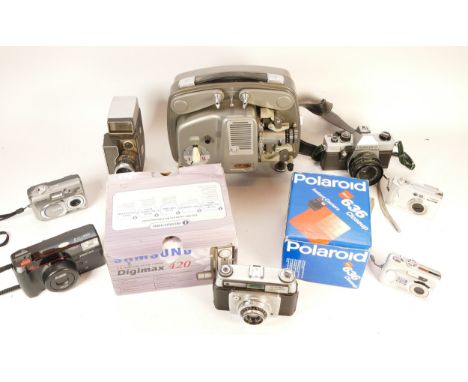 A collection of cameras and camera accessories, to include, an Ilford Sportsman, a Vivitar Vivicam 5388, and a Bolex Paillard