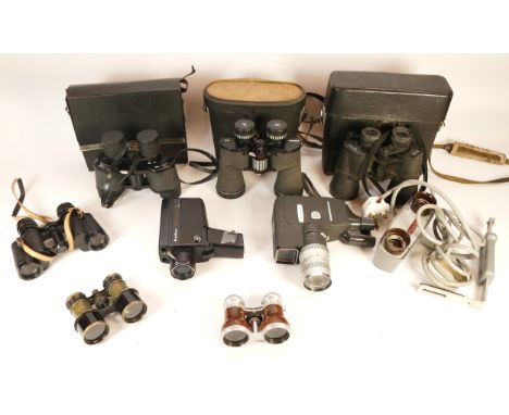 A collection of cameras and binoculars, to include, Chinon 10 x 50, Miranda 10 x 50, Canon Reflex Zoom 8-3, 375 Movie Lite. (