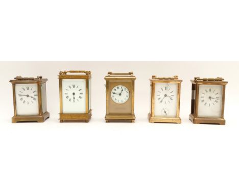 Five mid to late 20th century brass carriage clocks, housing eight day movements, to include, a Lister &amp; Sons example, H-