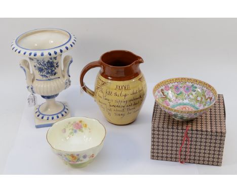 Four ceramic works, to include, a Royal Doulton sugar bowl, in the pattern 'Maytime', a Chinese bowl featuring five clawed dr