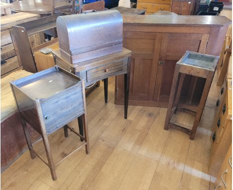 A group of five small Edwardian furniture pieces , to include a mahogany linen cupboard, the twin doors opening to three fitt