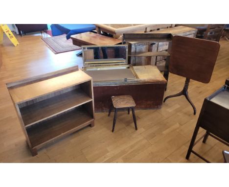 A group of six small furniture pieces, to include a Victorian tilt-top trypod centre table, an oak stool, a freestanding open