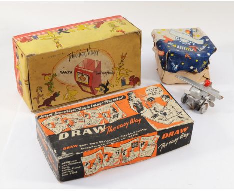A 1950s tinplate clockwork Training Plane, together with a 1940s children's 'Television Viewer' (boxed) and a 1950s boxed dra