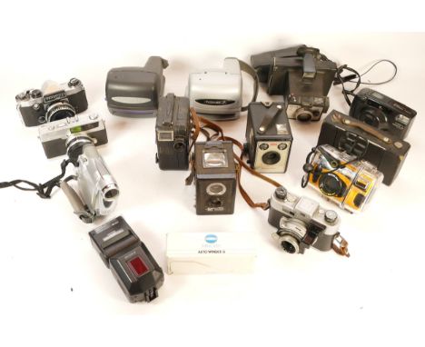 A collection of cameras and camera accessories, to include, a Yashica Zoomtec 90 Super, a Praktica Super TL, and a Sealife Sp