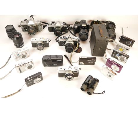 A collection of cameras and camera accessories, to include, a Nikon D60, a Sony A55, and a Canon AE-1. (1 box)