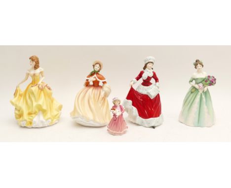 Five Royal Doulton figurines, to include, Autumn HN 5323, Happy Birthday HN 3660, My First Figurine HN 3424, Winter HN 5314, 